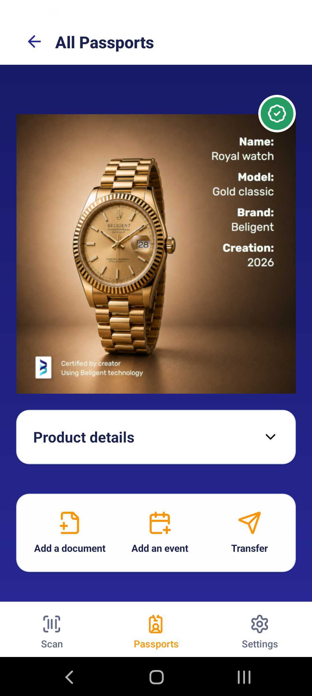 Product passport in the Beligent Scanner app